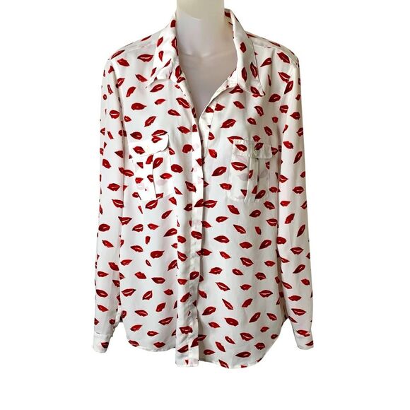 Joie Lips Top Button Up Top V-Neck Roll Tab Long Sleeve Pockets White Red Large - Picture 3 of 12